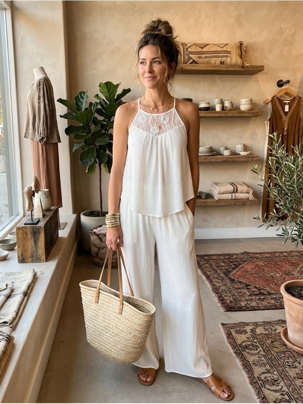NWT Boutique Boho Chic Two-Piece Set Lace Top (S) + Palazzo Pants (M) Viscose